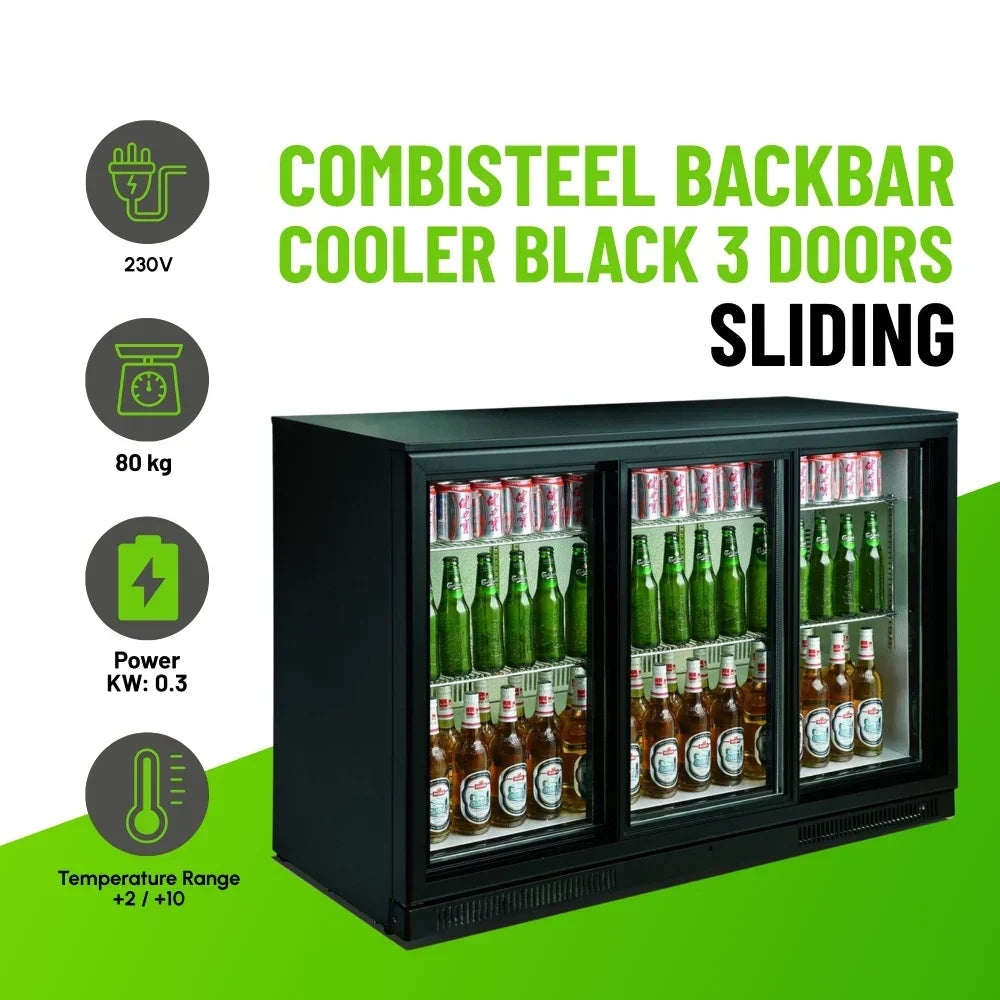 Black 3 Sliding Door Back Bar Cooler 298L