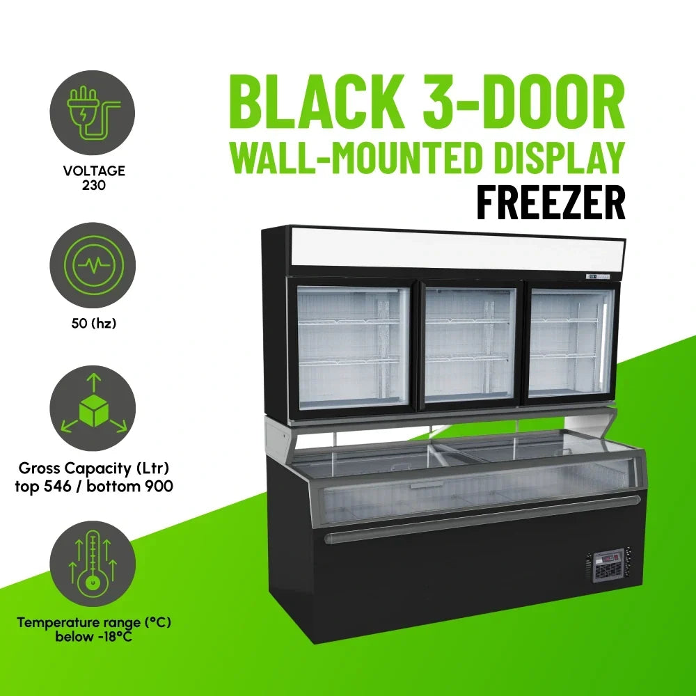 Black 3-Door Wall-Mounted Display Freezer