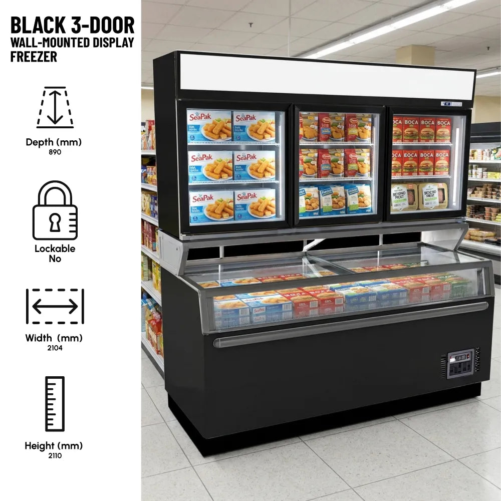 Black 3-Door Wall-Mounted Display Freezer