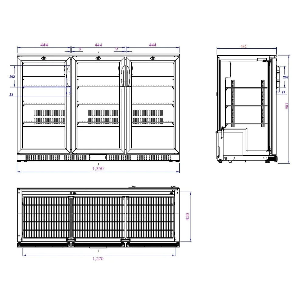 Black 3 Hinged Door Back Bar Cooler 330L