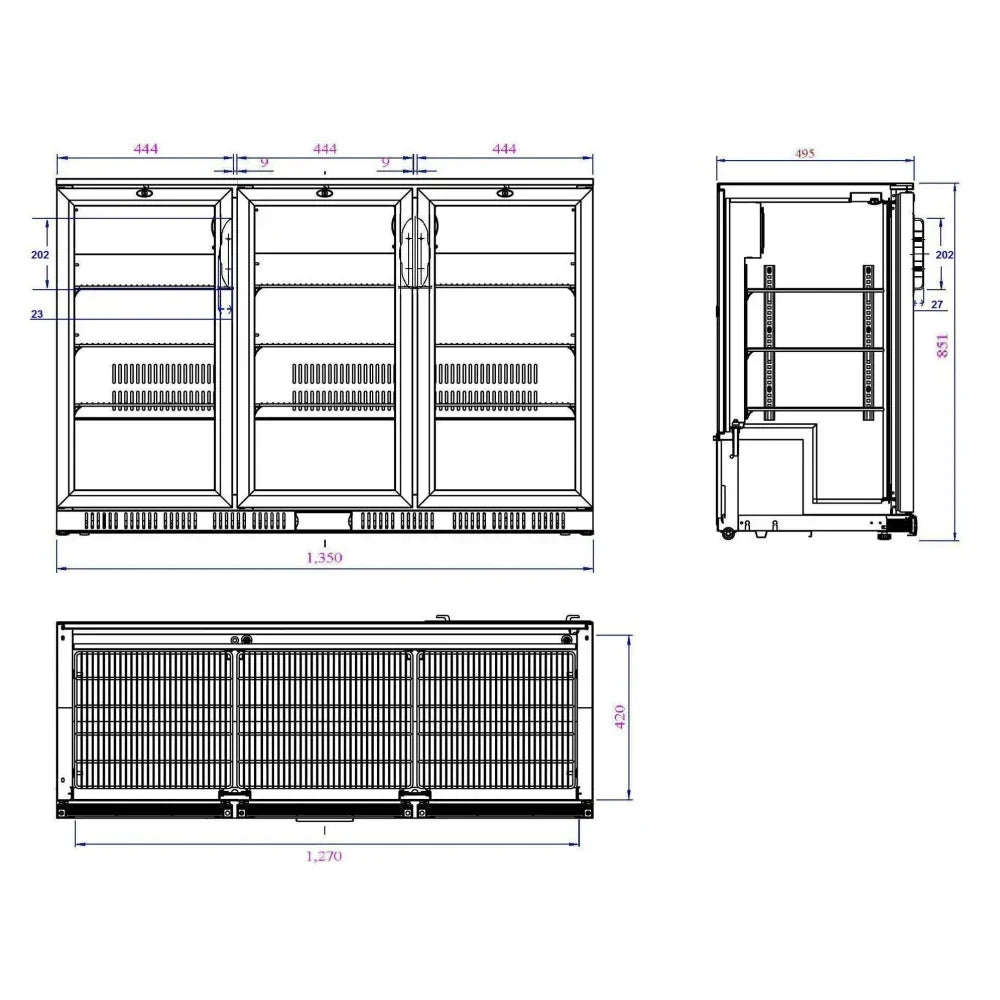 Black 3 Door Back Bar Cooler 1350mm Wide