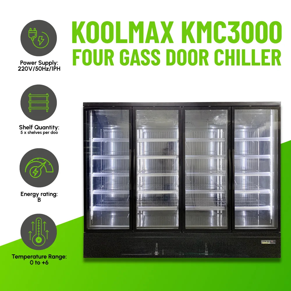 KMC3000G Black 4 Glass Door Upright Chiller