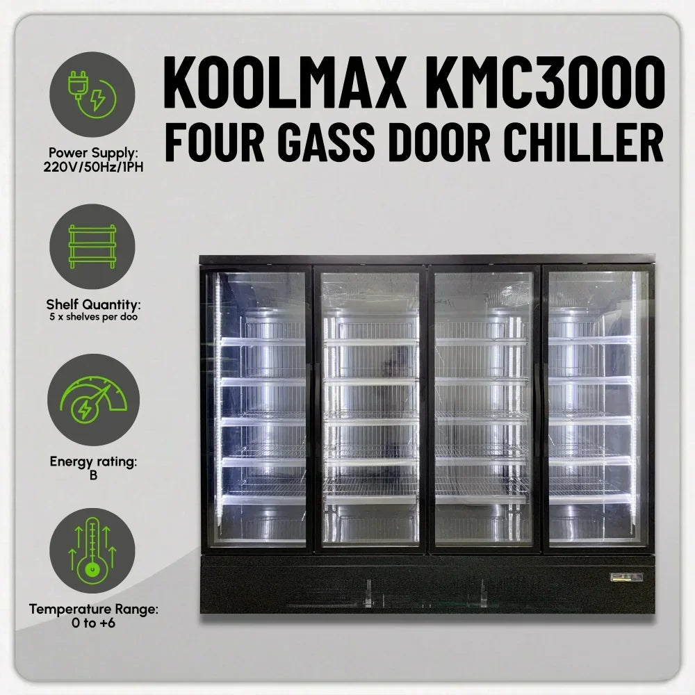 KMC3000G Black 4 Glass Door Upright Chiller