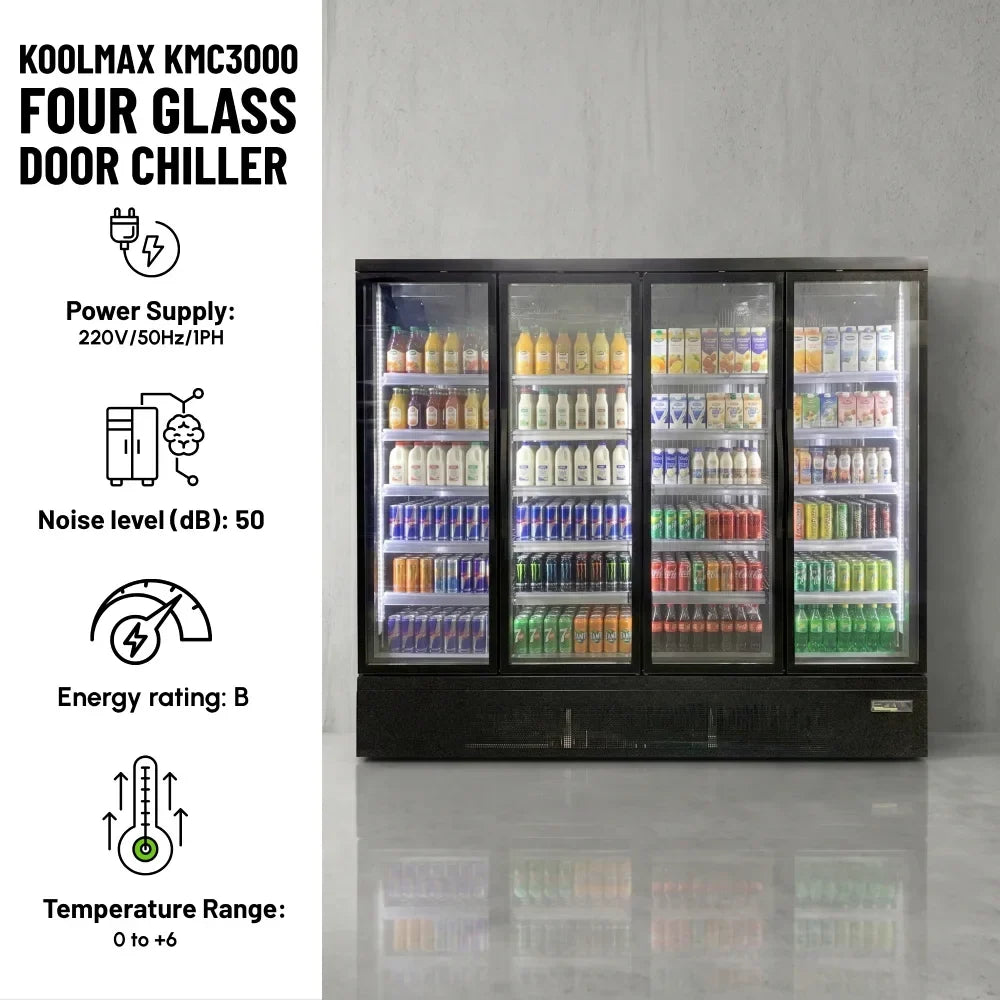 KMC3000G Black 4 Glass Door Upright Chiller