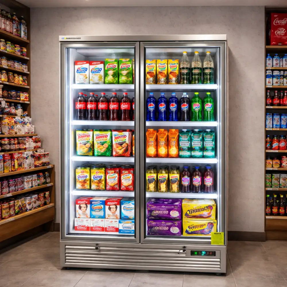 KMF1300 Double Door Grey Upright Display Freezer