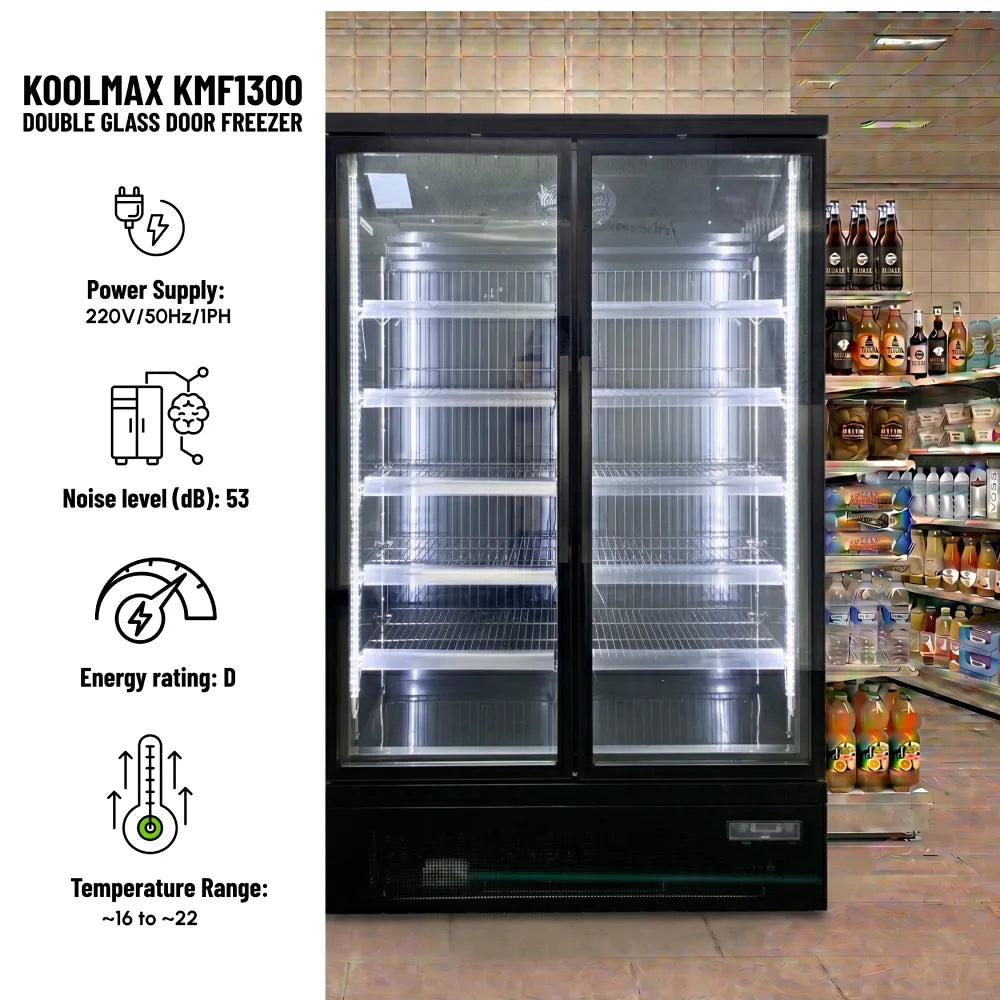 KMF1300 Double Door Black Upright Display Freezer