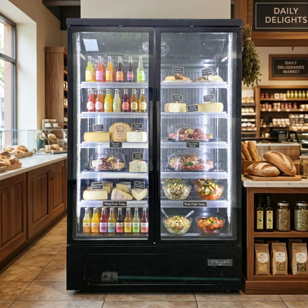 KMF1300 Double Door Black Upright Display Freezer